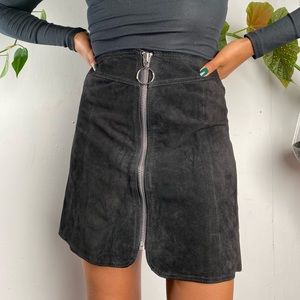 Black suede front zip miniskirt